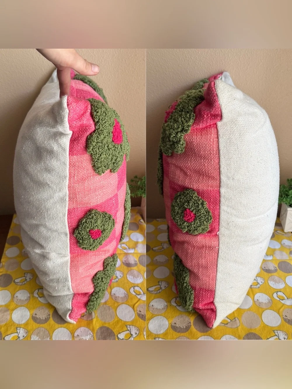 Tuft checkerboard green and pink floral pillow